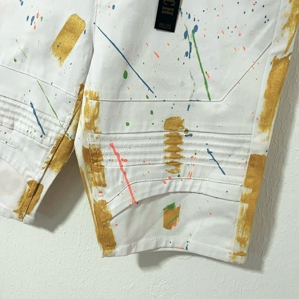 GS115 Mens Paint Splatter White Denim Shorts NWT Size 36 Stretch Streetwear